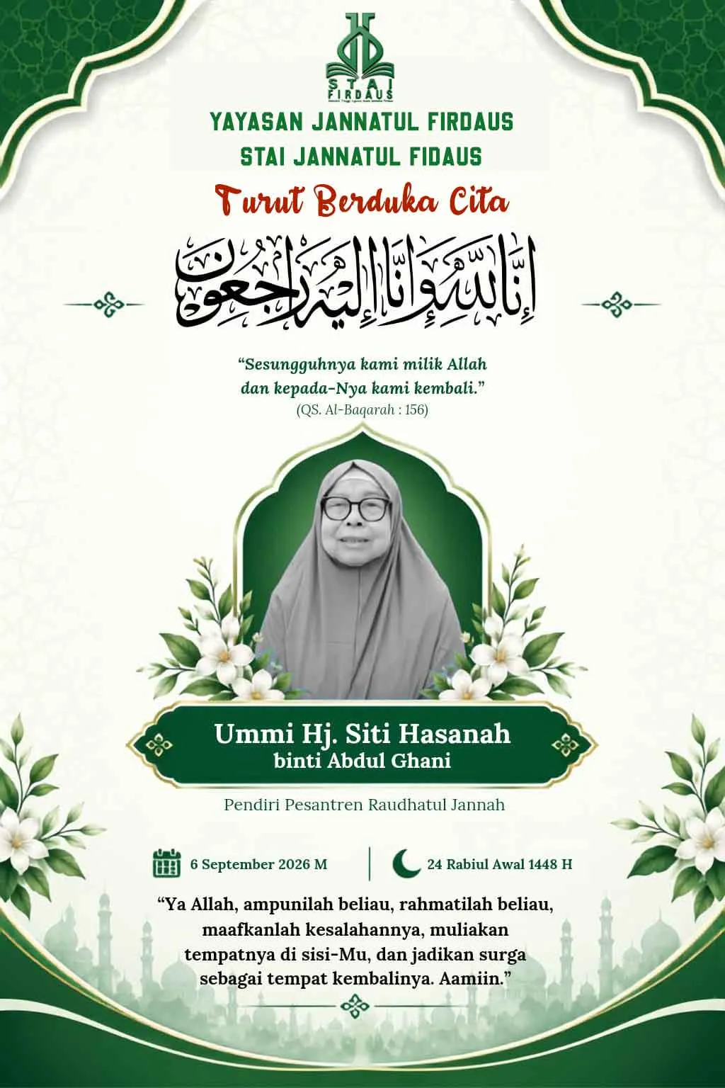 Keluarga Besar Yayasan & Sekolah Tinggi Agama Islam (STAI) Jannatul Firdaus Kota Subulussalam turut berduka cita